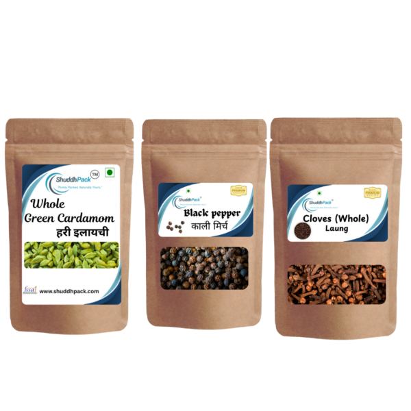 ShuddhPack Green Cardamom, Black Pepper & Clove Combo – 100g Each